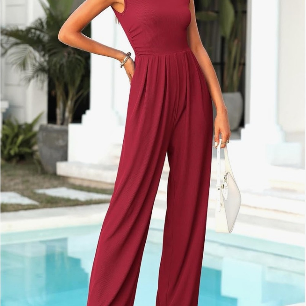 Chic Wine Red Ribbed Sleeveless Jumpsuit